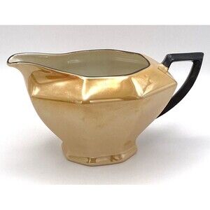 Victoria Czechoslovakia Vintage Porcelain Lusterware Creamer #2594 gold w/black